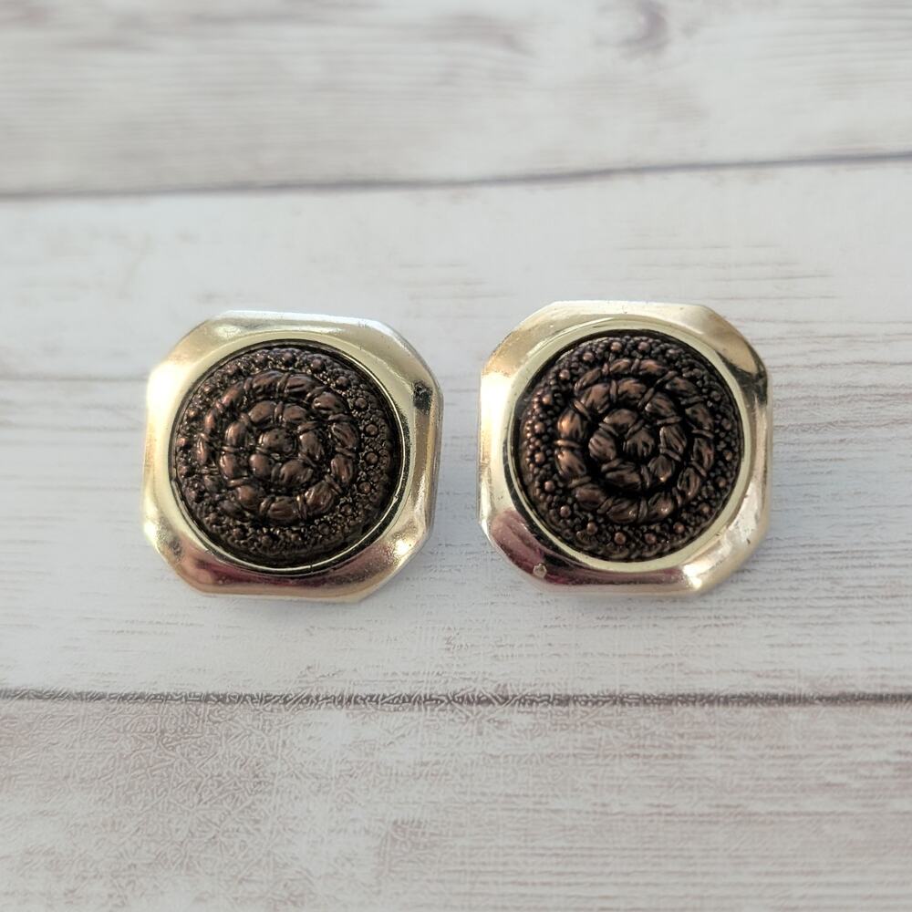 Vintage Clip On Earrings Brown Spiral Center with Gold Tone Unusual Halo